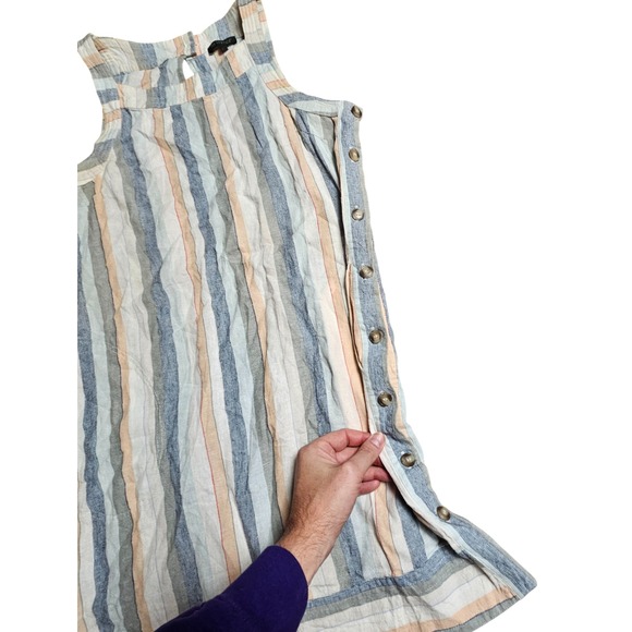 For Cynthia Linen Blend Striped‎ Sleeveless Shift Dress M Side Button Beach - Picture 5 of 9
